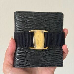 Ferragamo Black Exotic Leather Compact Wallet with Gold Accent